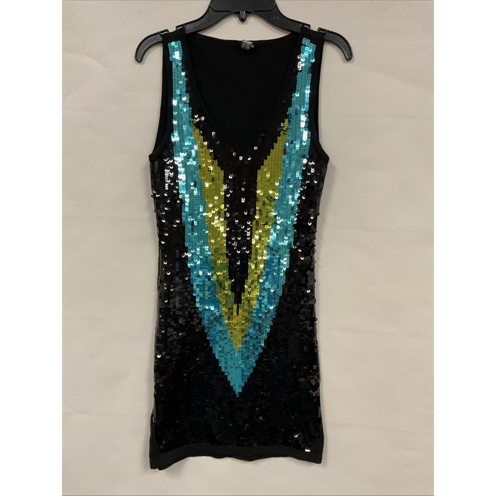 POOF COUTURE SEQUIN GLITTER SLEEVELESS DRESS SIZE Small,‎ BLACK WITH MULTI Color
